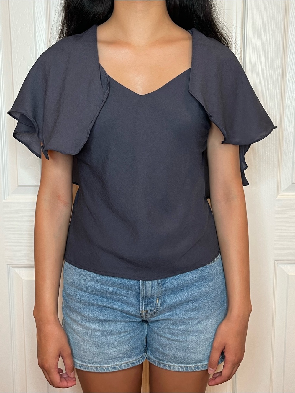 Women's Navy Flutter Sleeve V-Neck Top